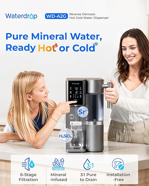 Waterdrop A2G Mineral Countertop Reverse Osmosis System Water Filter, Hot and Cold RO System, 6 Temperature Settings, 3:1 Pure to Drain, 6-Stage, Portable Pure Water Tank