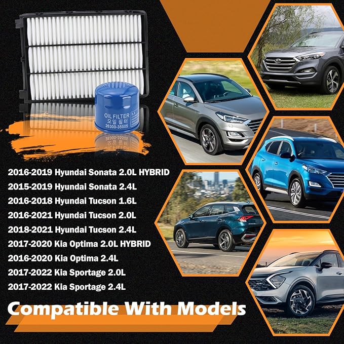 Kefly 28113-D3300 Engine Air Filter & 26300-35505 Oil Filter Fits for 2015-2019 Hyundai Sonata, 2016-2021 Hyundai Tucson, 2016-2020 Kia Optima, 2017-2022 Kia Sportage