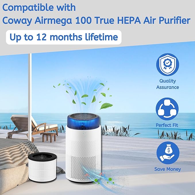 Nispira Airmega 100 3-in-1 True HEPA Activated Carbon Filter Replacement For Coway Airmega 100 Air Purifier 2 Packs