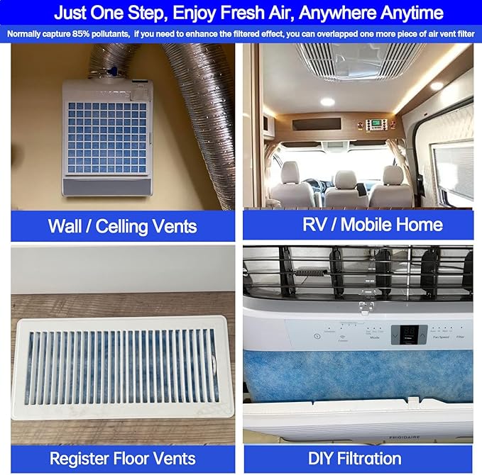 12x90 inches Air Vent Filters, Cut to Size(50+Filters) MERV 8 Electrostatic Floor Vent Filter for Floor Registers, RV, AC, Ceiling, Grilles and Wall HVAC Furnace Vents, 48PCs Adhesive Hook