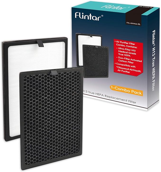 Flintar Air Max 8L True HEPA Replacement Set, Compatible With Okaysou AirMax8L Air Purifier, Blue Ultra-Filter H13 True HEPA + Yellow Duo-Filter Activated Carbon Combo Pack