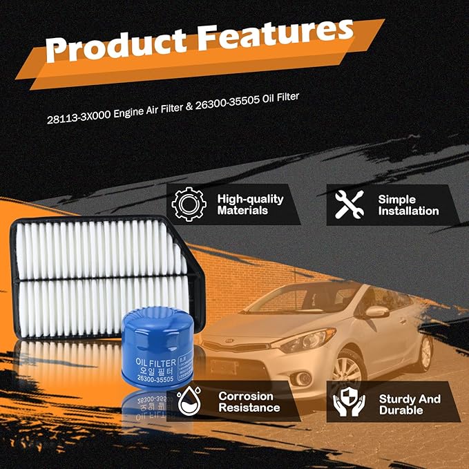 Kefly 28113-3X000 Engine Air Filter & 26300-35505 Oil Filter Fits for 2011-2016 Hyundai Elantra, 2014-2018 Kia Forte