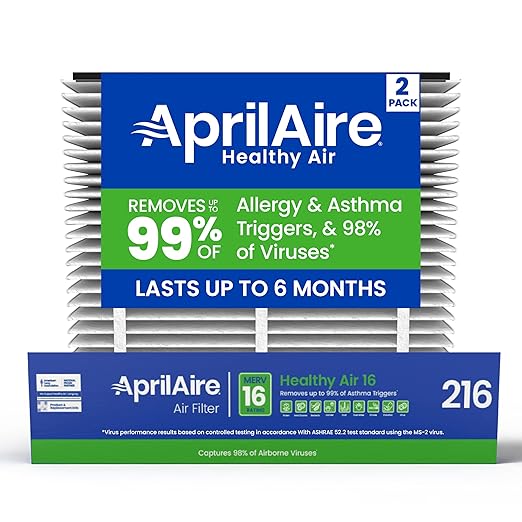 AprilAire 216 Replacement Filter for AprilAire Whole House Air Purifiers - MERV 16, Allergy, Asthma, & Virus, 20x25x4 Air Filter (Pack of 2)