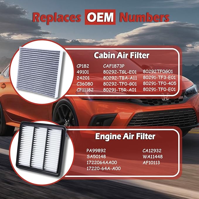 17220-64A-A00 Engine Air Filter and 80292-TF0-G01 Cabin Air Filter kit Compatible with 2022-2025 Honda Civic Accord CR-V 1.5L Not for Hybrid Replaces CF11182 80291-T5R-A01 PA99892 AF10113
