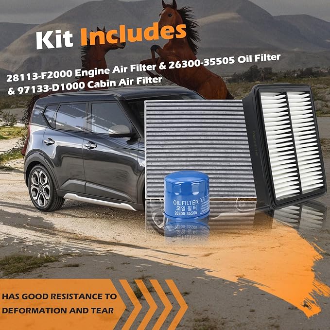 Kefly 28113-F2000 Engine Air Filter & 26300-35505 Oil Filter & 97133-D1000 Cabin Air Filter Fits for 2020-2025 Kia Soul, 2019-2024 Forte, 2018-2023 Hyundai Kona, 2019-2021 Veloster, 2017-2020 Elantra
