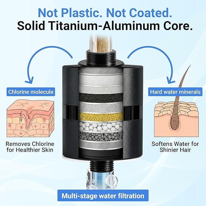 ADX-PRO-7 Long Lasting Titanium Aluminum Shower Filter – Independently Tested to NSF/ANSI 177 Standards, Reduces 99% Chlorine & Heavy Metals, Water Softener Filter (Black, 1 Filter & Tool Kit)