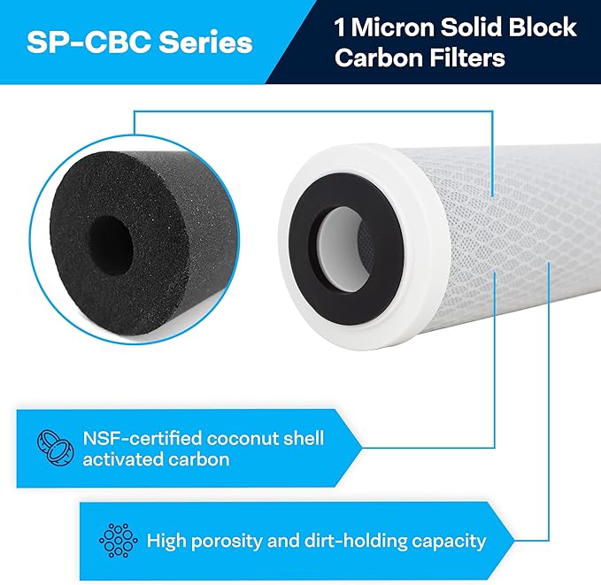 SpiroPure SP-CBC-10 10x2.5 1 Micron NSF Certified Coconut Shell Carbon Block Water Filter Cartridge CB1-10 255382-43 CB-25-1001 (Case of 12)