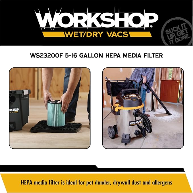 WORKSHOP Wet Dry Vacuum Filters WS23200F HEPA Media Filter For Shop Vacuum Cleaner (Single HEPA Media Filter For Wet Dry Vacuum Cleaner) Fits WORKSHOP 5-Gallon to 16-Gallon Shop Vacuum Cleaners