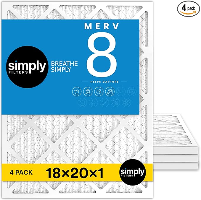 Simply 18x20x1 Air Filter, Merv 8, 4 Pack, For Home AC Furnace & HVAC (Actual Size: 17.81"x19.81"x0.75") DUST, Pet & Allergy Control,