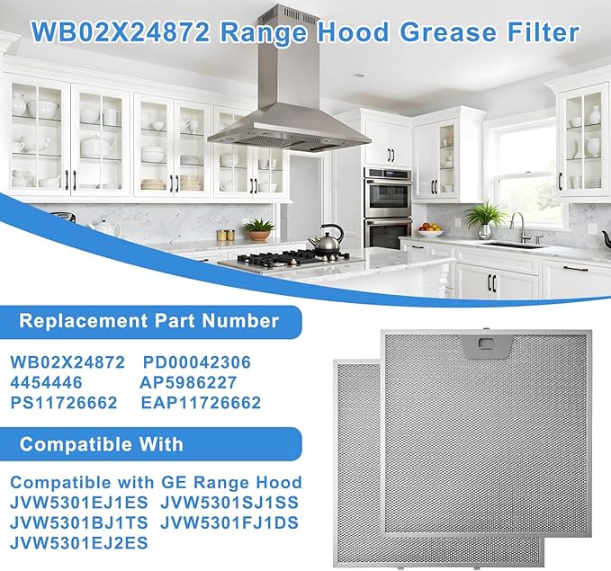 WB02X24872 Range Hood Filter Compatible with GE Range Hood Grease Filter JVW5301EJ1ES JVW5301SJ1SS JVW5301BJ1TS JVW5301FJ1DS JVW5301EJ2ES Replace PD00042306 4454446-11.87 x 11.87 Inche, 2pack