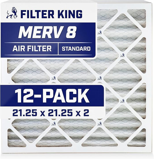 Filter King 21.25x21.25x2 Air Filter (MERV 8) (12-Pack) Dust & Allergy Control AC Furnace Filters, MADE IN USA, HVAC, Pleated, Electrostatic (Actual Size: 21.25 x 21.25 x 1.75)