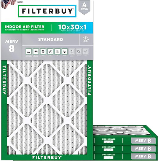 Filterbuy 10x30x1 Air Filter MERV 8 Essential Dust & Allergy Defense (4-Pack), Electrostatic Pleated HVAC AC Furnace Filters Replacement (Actual Size: 9.50 x 29.50 x 0.75)