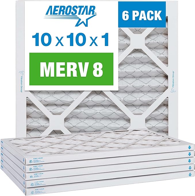 Aerostar 10x10x1 MERV 8 Air Filter, Pleated AC Furnace HVAC Filters (9.5x9.5x0.75), Electrostatically Charged for Allergies Dust Pet Dander Pollen Mold Lint, MPR 600 FPR 5, USA, 6 Pack