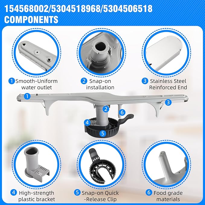 154568002 Dishwasher Lower Wash Arm and 5304518968 Support and 5304506518 Trap Drain Filter for Frigidaire Electrolux 154568001 PS12585623 154414101 154250901 (Grey)