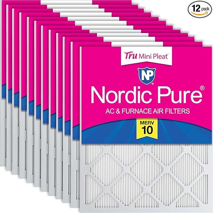 Nordic Pure 20x20x1 (Actual Size: 19 1/2 x 19 1/2 x 3/4) Tru Mini Pleat MERV 10 AC Furnace Air Filters – 2.5X More Media for Longer-Lasting, High-Efficiency Filtration - 12 Pack