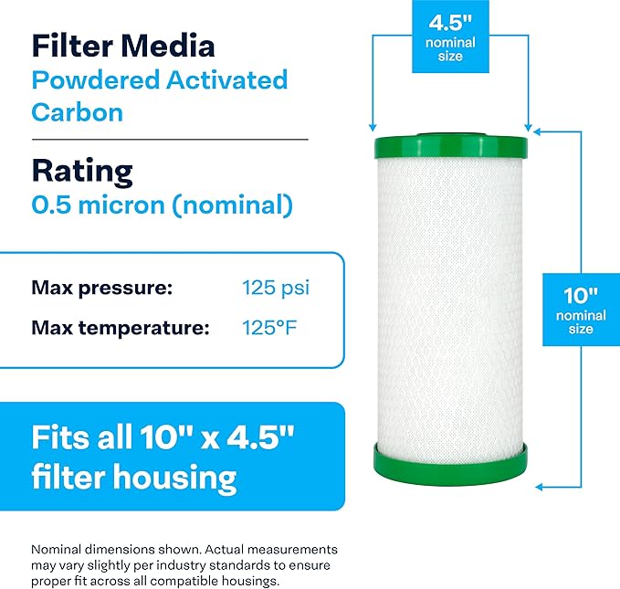 SpiroPure SP-CBR2-BB 10x4.5 0.5 Micron NSF Certified Coconut Shell Carbon Block Water Filter Cartridge CBC-BB 155170-43 SMCB-4510 (Case of 6)