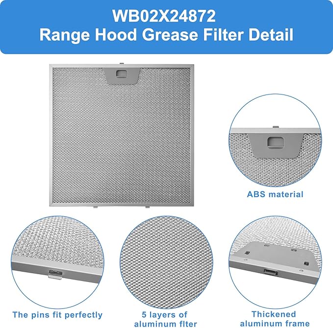 WB02X24872 Range Hood Filter Compatible with GE Range Hood Grease Filter JVW5301EJ1ES JVW5301SJ1SS JVW5301BJ1TS JVW5301FJ1DS JVW5301EJ2ES Replace PD00042306 4454446-11.87 x 11.87 Inche, 2pack