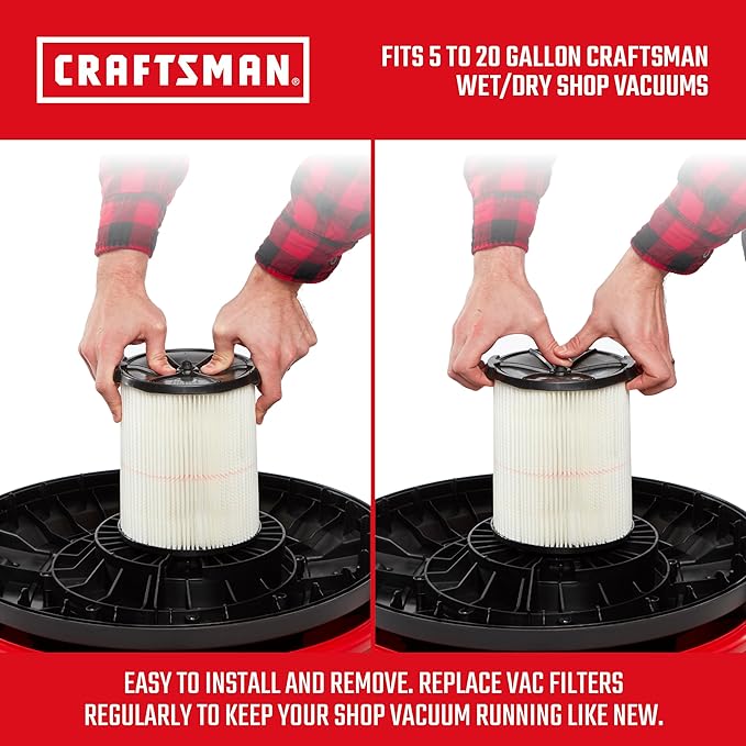 CRAFTSMAN CMXZVBE38754 Genuine General Purpose Wet Dry Vac Replacement Vacuum Filter for Most 5 to 20 Gallon CRAFTSMAN Shop Vacuums, Easy Installation and Traps General Debris