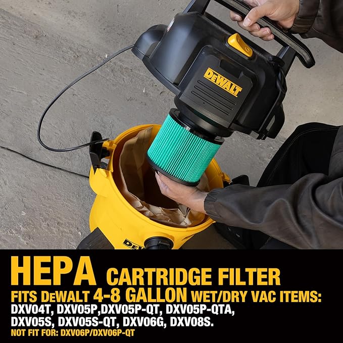 DEWALT Shop Vac Filter and Dust Bags for Most 4-8 Gallon Shop Vacs, HEPA Vacuum Filter Replacement 3-Pack Filter Bags and Power Tool Adapter Kit, DXVA19-0502