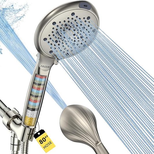 FASDUNT Filtered Shower Head with Handheld, 8-Mode Handheld Showerhead with Filters for Hard Water -Remove Chlorine, Built-in Power Wash, 80" Extra Long Stainless Steel Hose, Brushed Nickel