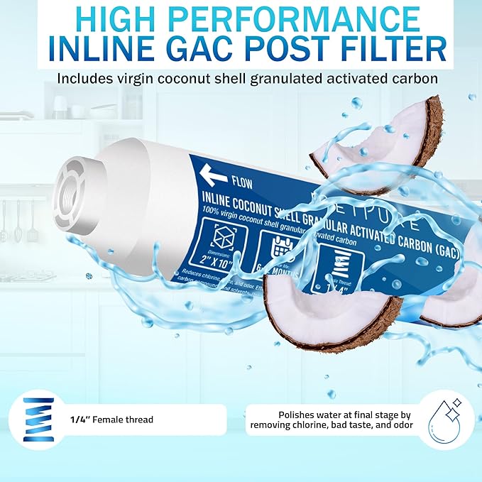 Metpure In line Water Filter for IceMaker, Refrigerator, Water Filtration System, Coffee Maker 2" x 10" x 1/4" OD FIP Female Thread GAC Coconut Shell Granular Activated Carbon Post Filter