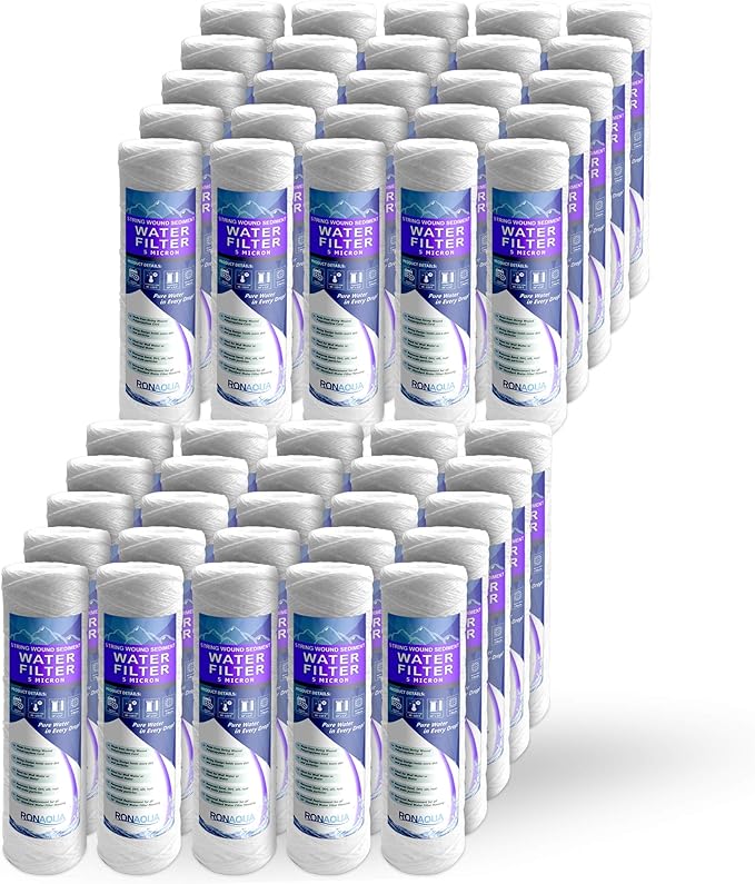 Ronaqua Wound String 5 Micron Sediment Water Filter Cartridges 10 Inc. x 2.5 Inc. A Replacement for Any RO System WELL-MATCHED with PFC4002, RS2-DS, WP5, WFPFC4002, 43235-76350 (50 Pack)