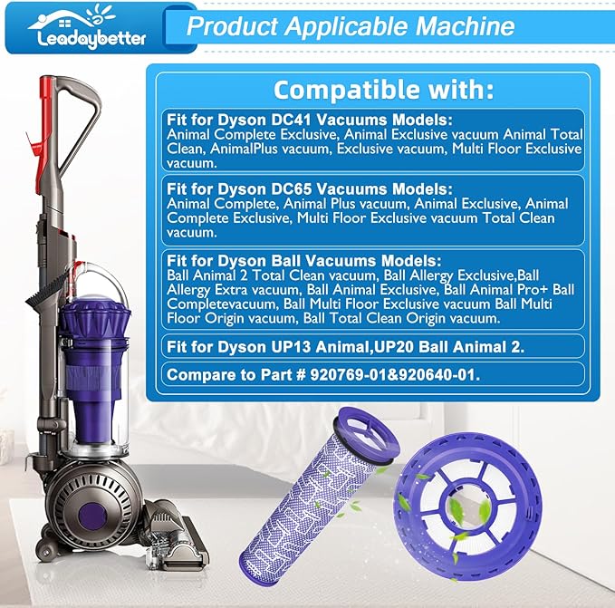 Leadaybetter Filter Replacement for Dyson Animal Ball DC41 DC65 DC66 UP13 UP20 Multi Floor Upright Cordless Vacuum, 2 Hepa Post & 2 Pre Filters, Compare to Part # 920769-01&920640-01