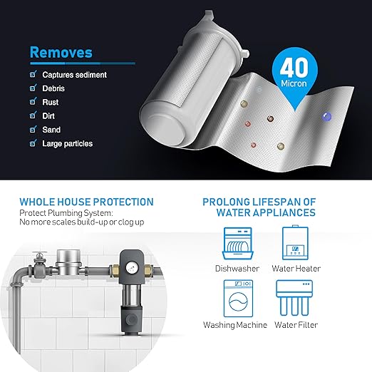 Frizzlife 40 & 100 Micron Spin Down Sediment Water Filter Built-in Scraper, Reusable and Flushable Whole House Pre-Filtration System, Flushable Filtration, 1" + 3/4" NPT, BPA Free, JG40-100