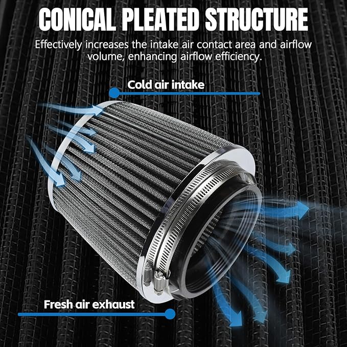 Hovom Universal Clamp-On Air Intake Filter, 76 89 102MM (3/3.5/4in) High Flow Round Tapered Cold Air Intake Filter, High Performance, Washable & Reusable, Engine Filters Replacement (Silver)