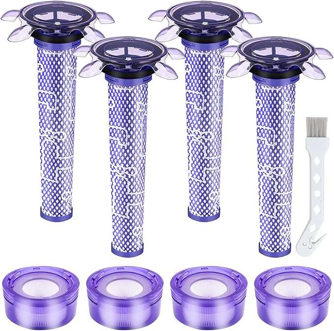 Upgraded V8 Cordless Vacuum Cleaner Filter for Dyson V8 Animal and V8 Absolute Cordless Vacuum, 4 Pre-Filters, 4 Post-Filters, 1 Brush, Compare to Part 965661-01 & 967478-01