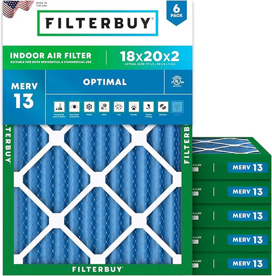 Filterbuy 18x20x2 Air Filter MERV 13 Optimal Smoke & Allergy Defense (6-Pack), Electrostatic Pleated HVAC AC Furnace Filters Replacement (Actual Size: 17.50 x 19.50 x 1.75)