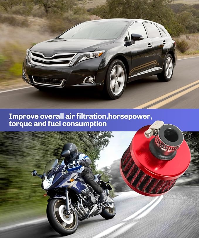2Pcs Mini Air Vent Crankcase Breather, Cold Air Intake Filter for Car, Motorcycle (Red)