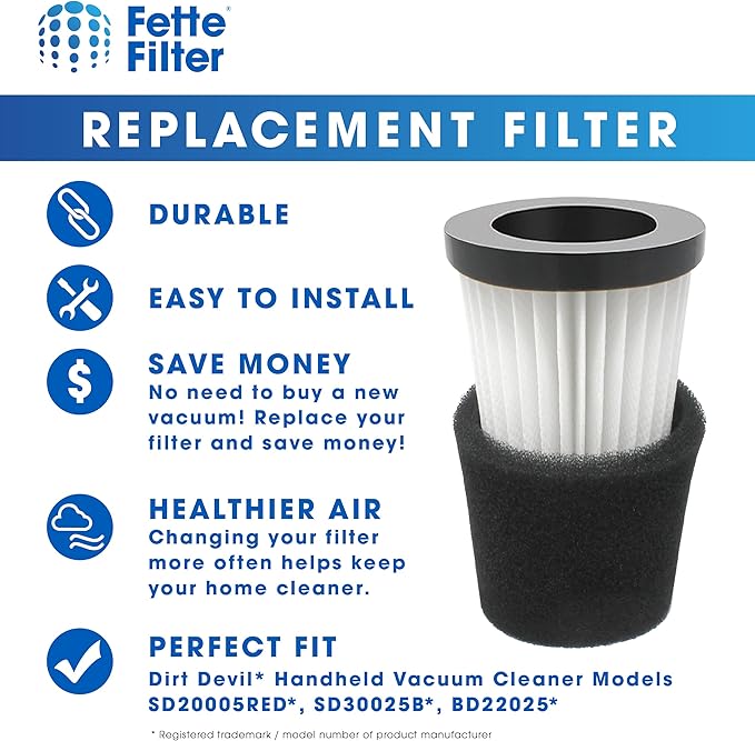 Fette Filter - F117 Replacement Vacuum Cleaner Filter with Compatible with Dirt Devil Handheld Vacuum Cleaner Models SD20005RED, SD30025B, BD22025 Part # AD40117 - Pack of 2
