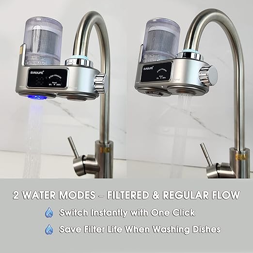 Faucet Mount Water Filter with UV Light & LED Indicator, 8-Stage Carbon Filtration for Clean Drinking Water, Includes 2 Extra Replacement Filters – Model EL-LS-A21 (Gray Color)