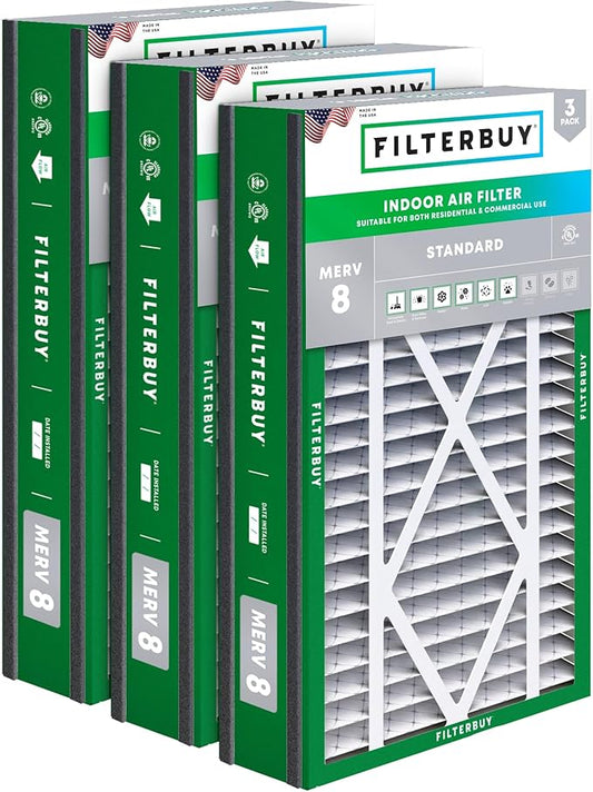 Filterbuy 16x25x3 Air Filter MERV 8 Essential Dust & Allergy Defense (3-Pack), Electrostatic Pleated HVAC AC Furnace Filters for Trion Air Bear, Lennox X0581 & More (Actual Size: 15.63 x 24.13 x 3.00)