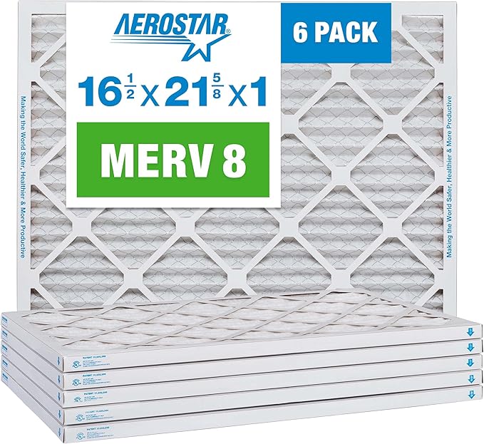 Aerostar 16.5x21.625x1 MERV 8 Air Filter, Pleated AC Furnace HVAC Filters (16.5x21.5x0.75), Electrostatically Charged for Allergies Dust Pet Dander Pollen Mold Lint, MPR 600 FPR 5, USA, 6 Pack