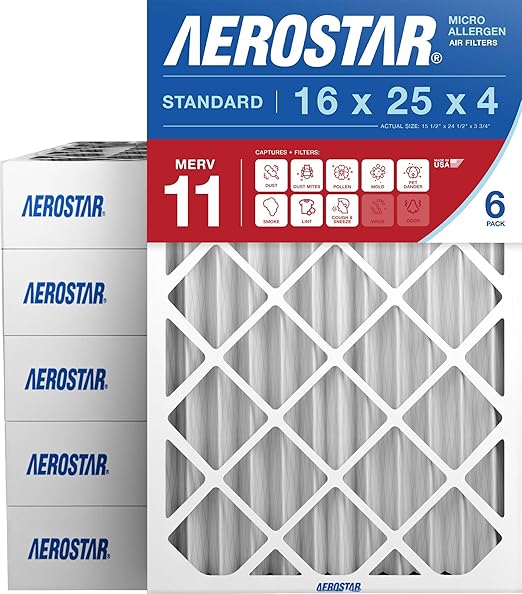 Aerostar 16x25x4 MERV 11 - 6 Count - Pleated HVAC, Furnace & Air Conditioner Filters - Removes Dust, Lint, Mold, Pet Dander, Allergy-Causing Pollen, Smog & Smoke, Actual size: 15 1/2"x24 1/2"x3 3/4"