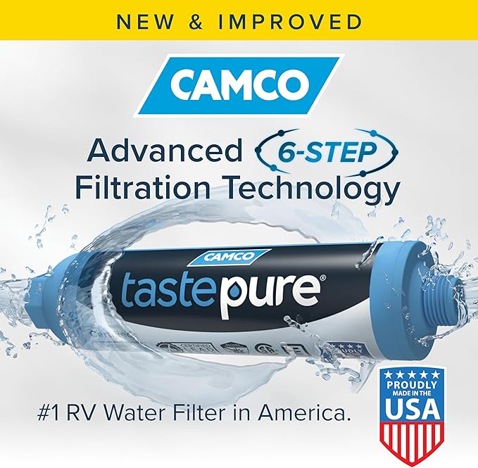 Camco Tastepure XL RV Water Filter - Reliable RV Inline Water Filter with Flexible Hose Protector - GAC & KDF Water Filtration - Made in USA - Camping Essentials for Fresh Drinking Water (40019)