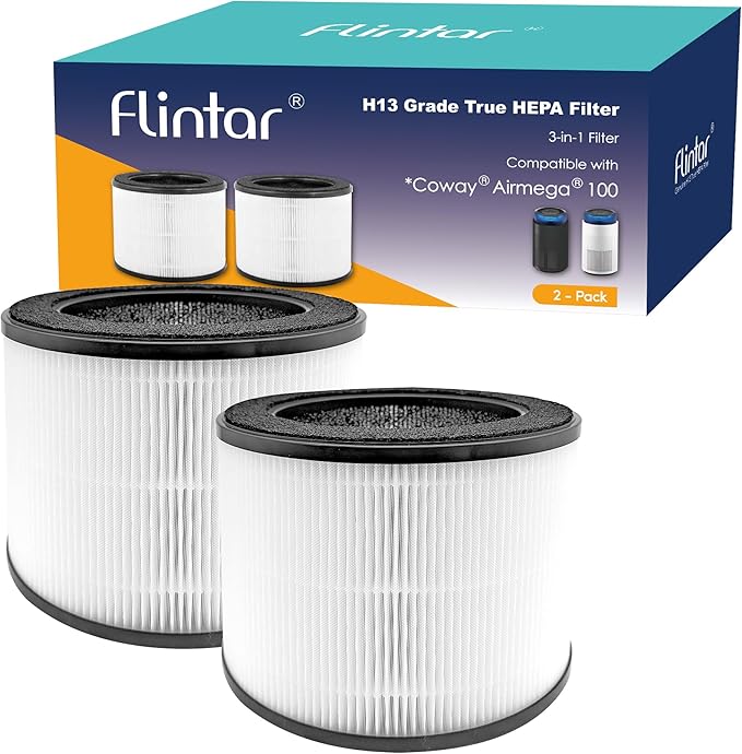 Flintar HEPA Replacement Filter, only Compatible with Coway Airmega 100 Air Purifier, 3-in-1 Pre-filter, H13 True HEPA and Deodorization Filter Set (2- Pack)