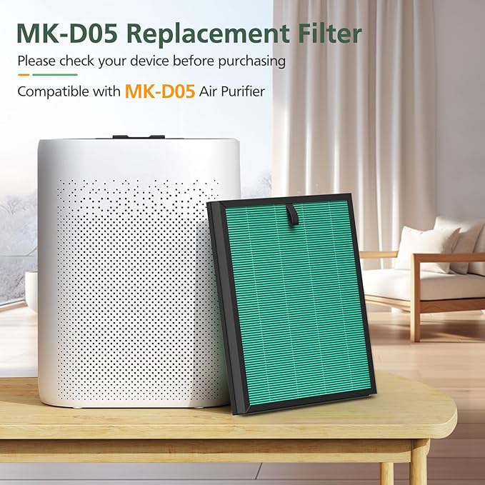 2-Pack MK-D05 Air Fil-ter Replacement for MK-D05 Air Cleaner Puri-fier, 4-in-1 Filtration with Advanced HEPA Filt-er and Carbon Filt-er, Green (Pet Dander Version)