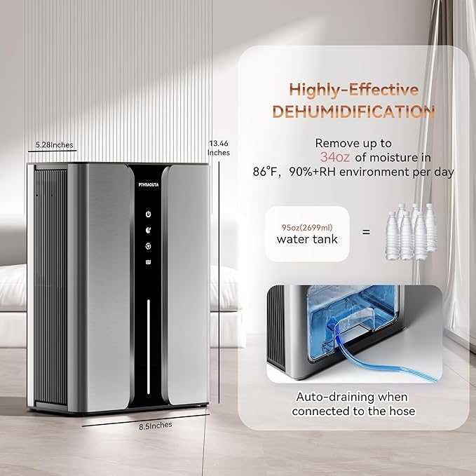 Home Dehumidifier with Drain Hose, (950 sq.ft) 95oz Quiet dehumidifier for Bathroom Bedroom, with Air Reusable Filter Indoor deshumidificador for Basement RV Closet