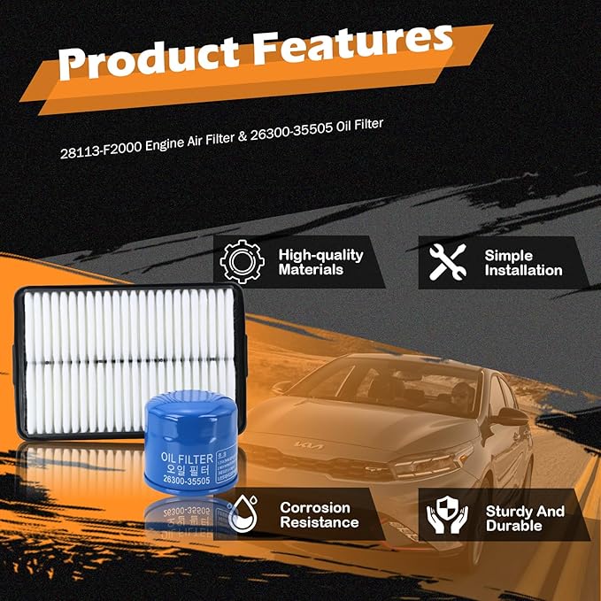 Kefly 28113-F2000 Engine Air Filter & 26300-35505 Oil Filter Fits for 2017-2020 Hyundai Elantra, 2018-2022 Kona, 2019-2023 Kia Forte, 2020-2023 Forte5, 2020-2022 Soul