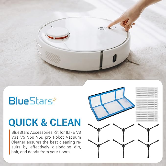 BlueStars Replacement Parts Filter Kit for Robotic Vacuum ILIFE V3 V3s V5 V5s V5s Pro Robot Vacuum Cleaner - 1 Primary Filter 3 HEPA Filter 6 Side Brushes - Pack of 10