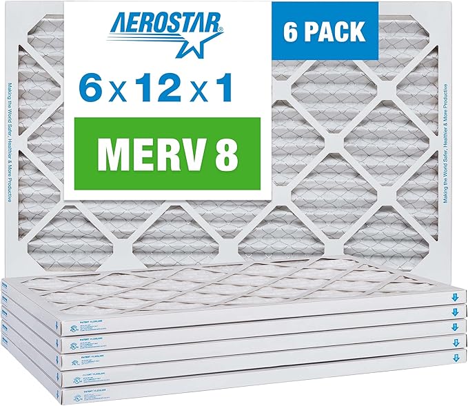 Aerostar 6x12x1 MERV 8 Air Filter, Pleated AC Furnace HVAC Filters (6x12x1), Electrostatically Charged for Allergies Dust Pet Dander Pollen Mold Lint, MPR 600 FPR 5, USA, 6 Pack