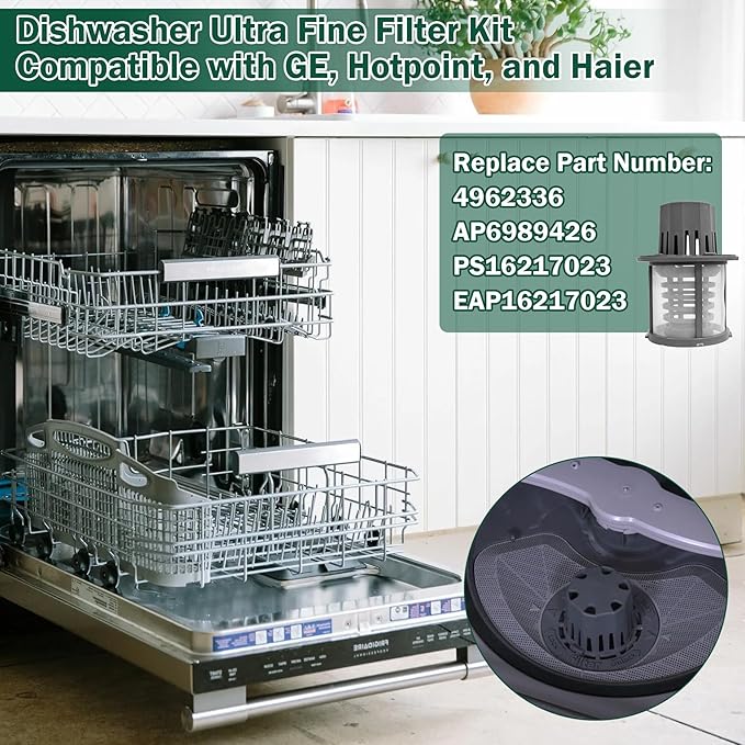 WD12X25995 Ultra Fine Filter and Basket Assembly - Compatible With GE Hotpoint Haier Dishwashers AP6989426 PS16217023 EAP16217023 4962336 Dishwasher Filter Replacement Parts CDT888P2V1S1 CDT805M5N2S5