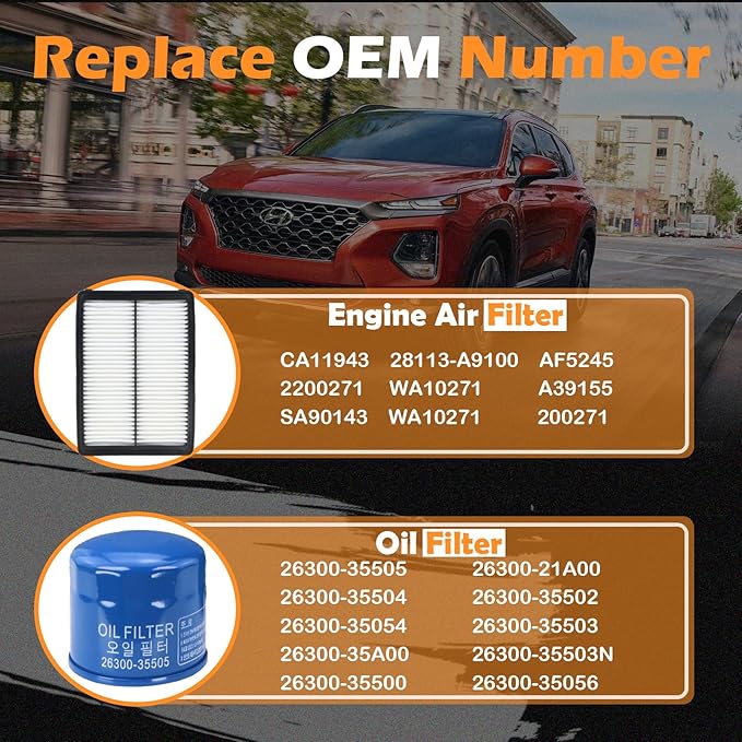 Kefly 28113-A9100 Engine Air Filter & 26300-35505 Oil Filter Fit for 2019-2020 Hyundai Santa Fe 2.0L 2.4L