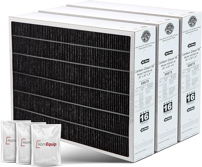 Lennox 20x25x5 Furnace Filter, X6675 Filter Replacement, Merv 16 Carbon Clean with Homequip Disposal Bag 3-Pack (Actual Size: 19.8 x 24.8 x 4.3 Inches)
