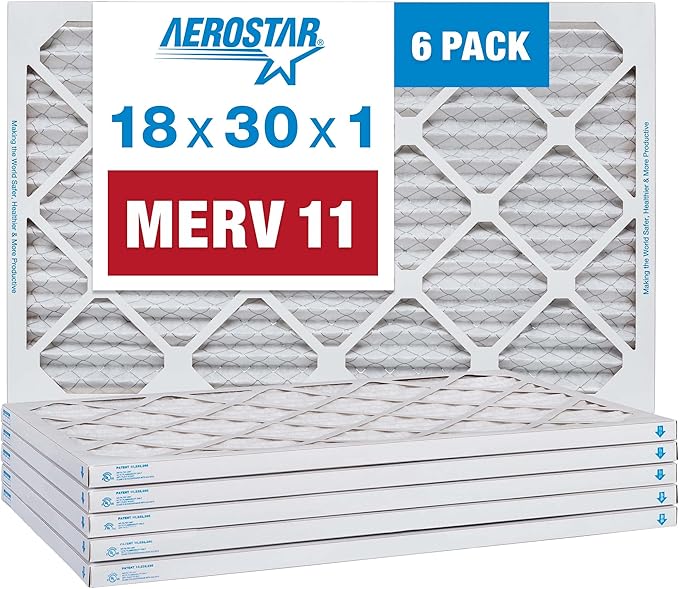 Aerostar 18x30x1 MERV 11 Air Filter, Pleated AC Furnace HVAC Filters (17.75x29.75x0.75), for Allergies Asthma Dust Pet Dander Smoke Bacteria Viruses, MPR 1500 FPR 10, USA, 6 Pack