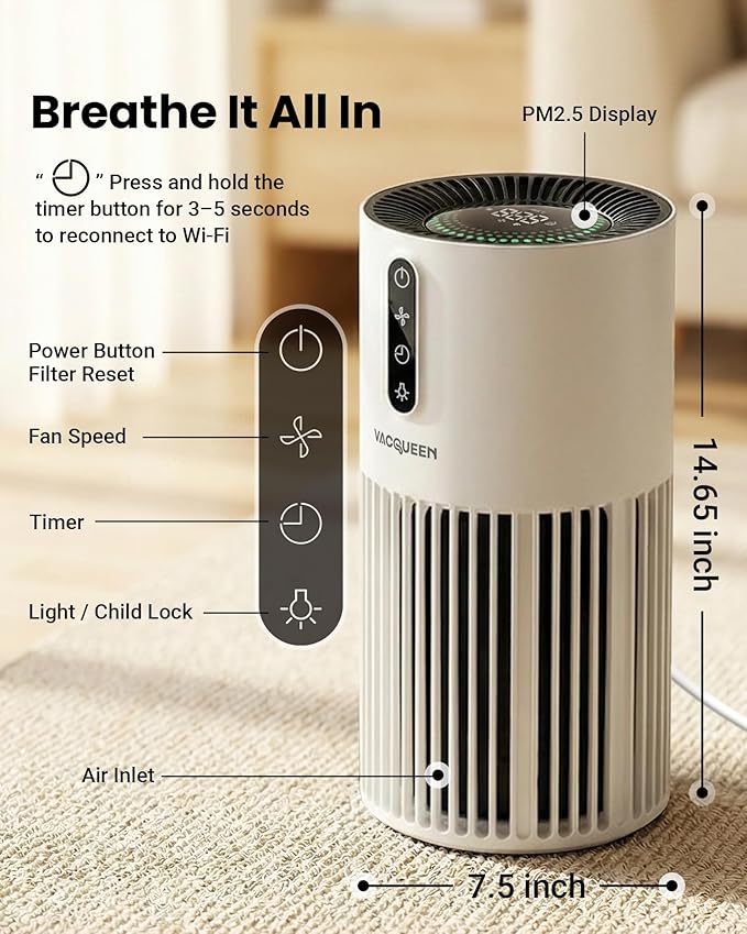 Smart Air Purifiers for Bedroom Home Pets, Timer and Alexa Control, Cover 1800 Ft² with PM2.5 Monitor, WiFi HEPA Air Purifier with Sleep Mode, Washable Filter Air Cleaner for Odors Smoke Dust