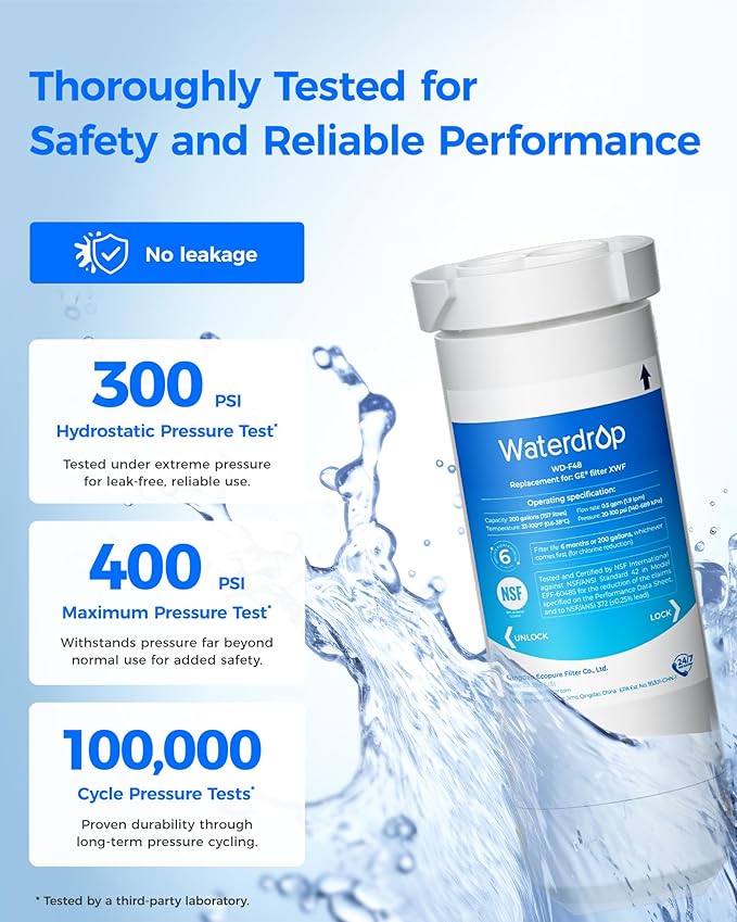 Waterdrop XWF Refrigerator Water Filter, Replacement for GE® XWF, WR17X30702, NSF 42/372 Certified, Compatible with GE® GNE27, GFE26, GDE25, GSS25, PSE25 Series Refrigerators, 2-Pack (Not XWFE)